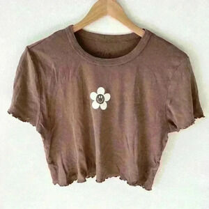 PS/LA Sz L Womens Baby Tee Brown Happy Smiley Flower Crop Ruffle Hem 90s Y2K